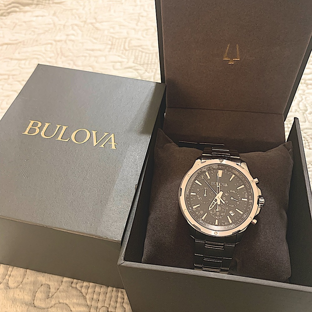 COPY - NEW Men’s stainless steel silver band, black face BULOVA six hand classi…